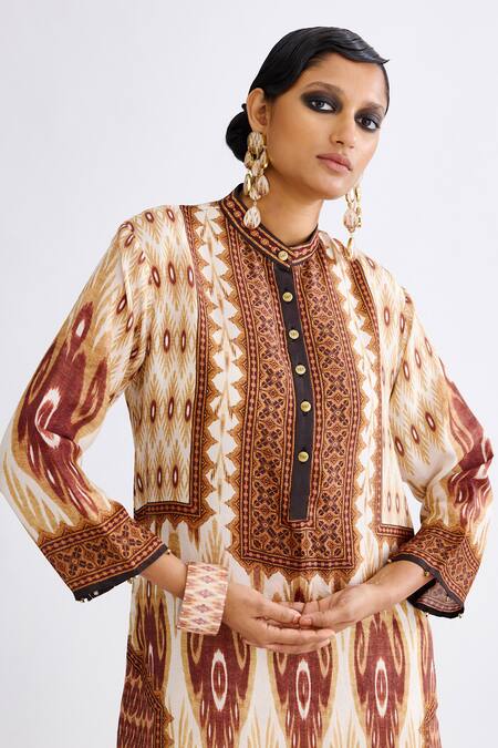 Rajdeep Ranawat_Brown Silk Beads Bandeau Neck Champa Printed Long Tunic_at_Aza_Fashions
