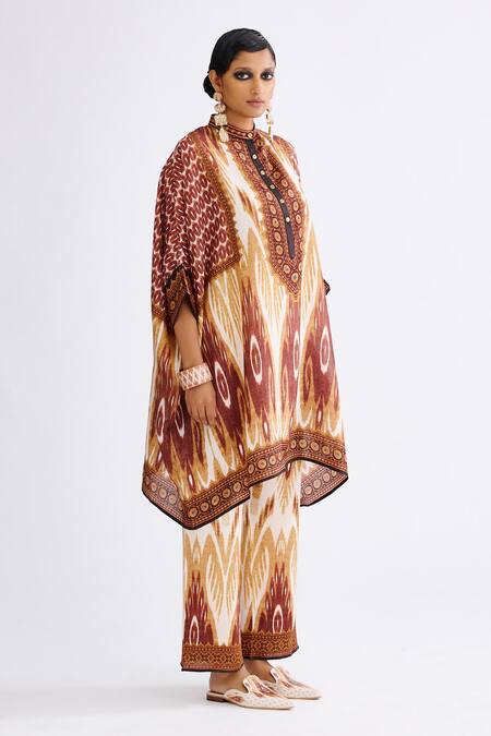 Buy_Rajdeep Ranawat_Brown Silk Bandeau Neck Caramel Abstract Print Tunic_Online_at_Aza_Fashions