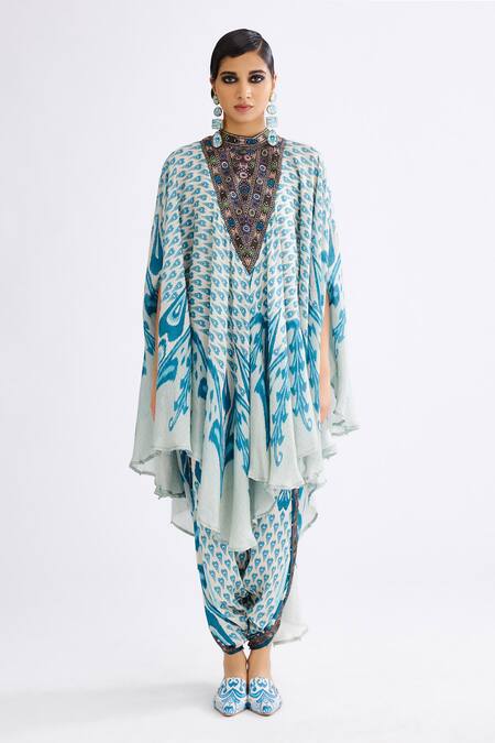 Rajdeep Ranawat_Blue Silk Bandeau Neck Farah Printed Draped Kaftan_Online_at_Aza_Fashions