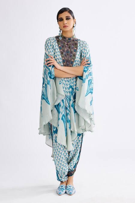 Buy_Rajdeep Ranawat_Blue Silk Bandeau Neck Farah Printed Draped Kaftan_Online_at_Aza_Fashions