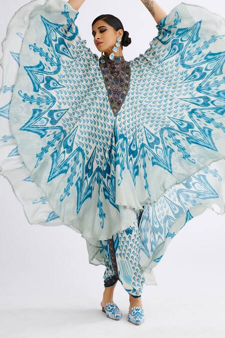 Shop_Rajdeep Ranawat_Blue Silk Bandeau Neck Farah Printed Draped Kaftan_Online_at_Aza_Fashions