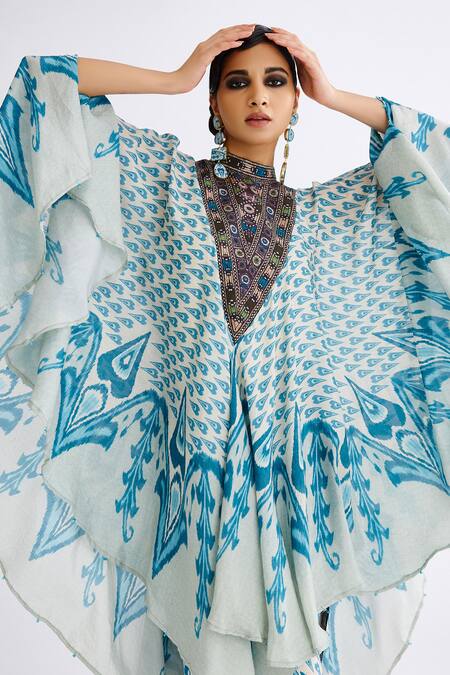 Rajdeep Ranawat_Blue Silk Bandeau Neck Farah Printed Draped Kaftan_at_Aza_Fashions