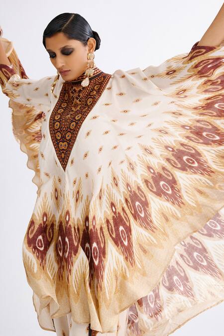 Buy Brown Silk Embroidery Bandeau Neck Farah Floral Print Draped