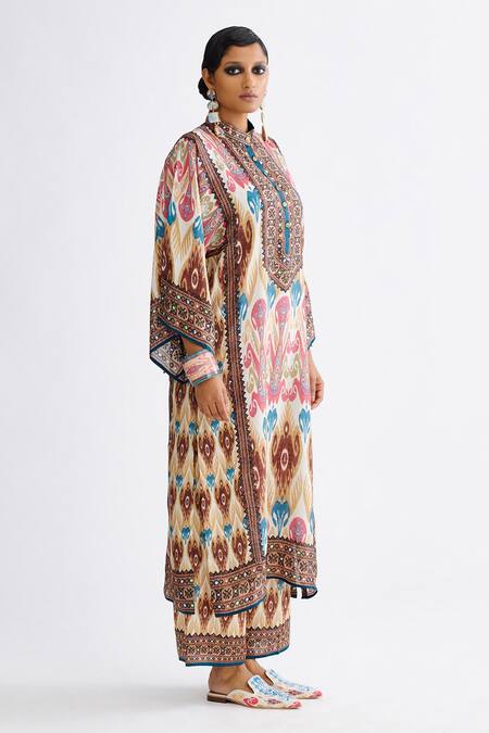 Rajdeep Ranawat Multi Color Silk Embroidery Bandeau Neck Gayatri Bloom Print Tunic Online at Aza Fashions Rajdeep Ranawat_Multi Color Silk Embroidery Bandeau Neck Gayatri Bloom Print Tunic_Online_at_Aza_Fashions