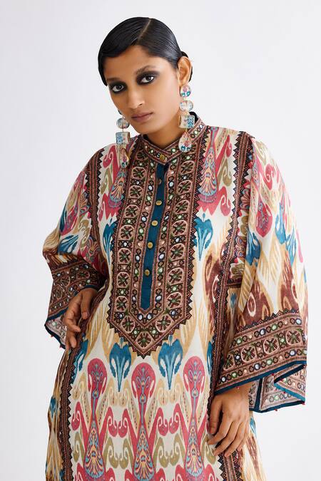 Buy Rajdeep Ranawat Multi Color Silk Embroidery Bandeau Neck Gayatri Bloom Print Tunic Online at Aza Fashions Buy_Rajdeep Ranawat_Multi Color Silk Embroidery Bandeau Neck Gayatri Bloom Print Tunic_Online_at_Aza_Fashions