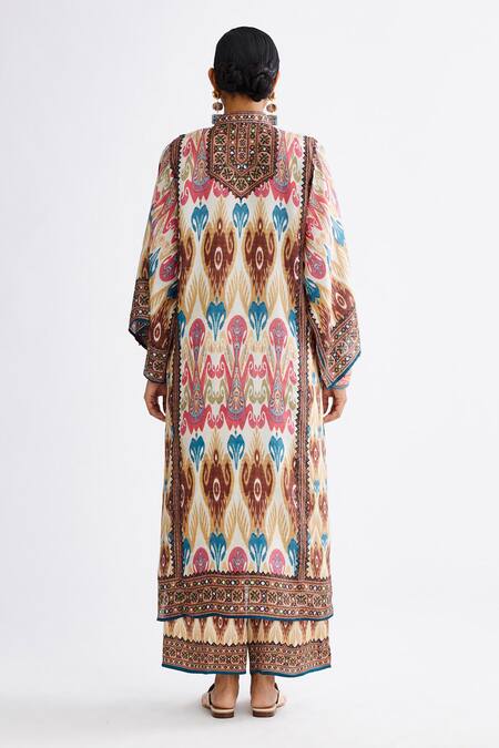 Shop Rajdeep Ranawat Multi Color Silk Embroidery Bandeau Neck Gayatri Bloom Print Tunic at Aza Fashions Shop_Rajdeep Ranawat_Multi Color Silk Embroidery Bandeau Neck Gayatri Bloom Print Tunic_at_Aza_Fashions