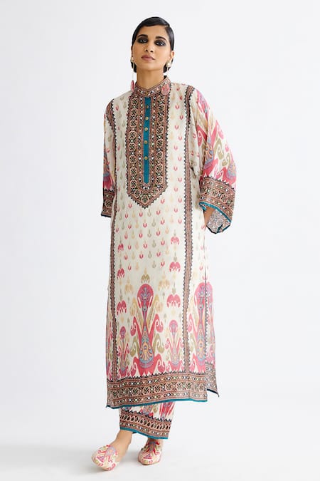 Rajdeep Ranawat Pink Silk Printed Floral Band Collar Gayatri Tunic 