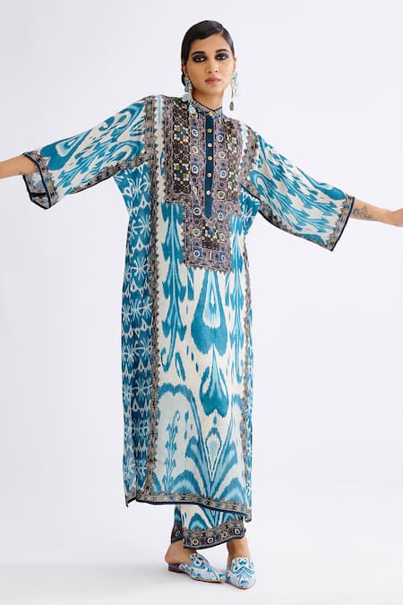 Rajdeep Ranawat Blue Silk Printed Floral Band Collar Ghazala Flower Tunic  