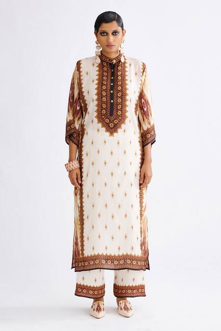 Rajdeep Ranawat Brown Satin Permaz Geometric Print Pant Online at Aza Fashions Rajdeep Ranawat_Brown Satin Permaz Geometric Print Pant_Online_at_Aza_Fashions