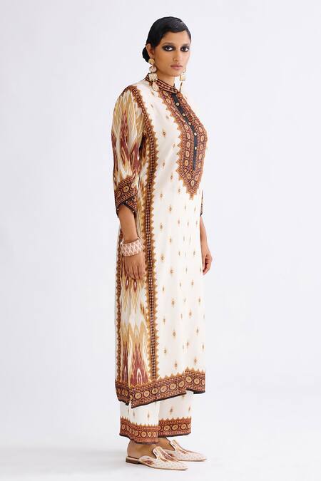 Buy Rajdeep Ranawat Brown Satin Permaz Geometric Print Pant Online at Aza Fashions Buy_Rajdeep Ranawat_Brown Satin Permaz Geometric Print Pant_Online_at_Aza_Fashions