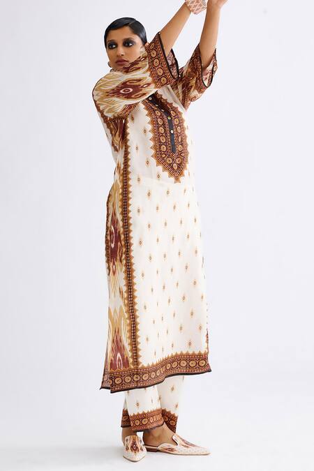 Shop Rajdeep Ranawat Brown Satin Permaz Geometric Print Pant Online at Aza Fashions Shop_Rajdeep Ranawat_Brown Satin Permaz Geometric Print Pant_Online_at_Aza_Fashions