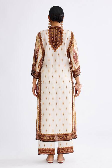 Shop Rajdeep Ranawat Brown Satin Permaz Geometric Print Pant at Aza Fashions Shop_Rajdeep Ranawat_Brown Satin Permaz Geometric Print Pant_at_Aza_Fashions