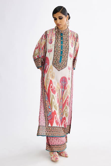 Rajdeep Ranawat Pink Silk Printed Paisley Band Collar Ghazala Floral Tunic  