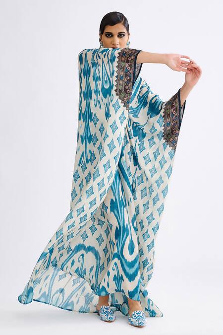 Rajdeep Ranawat_Blue Silk Crystals, Diamonds V-neck Imama Print Kaftan_Online_at_Aza_Fashions