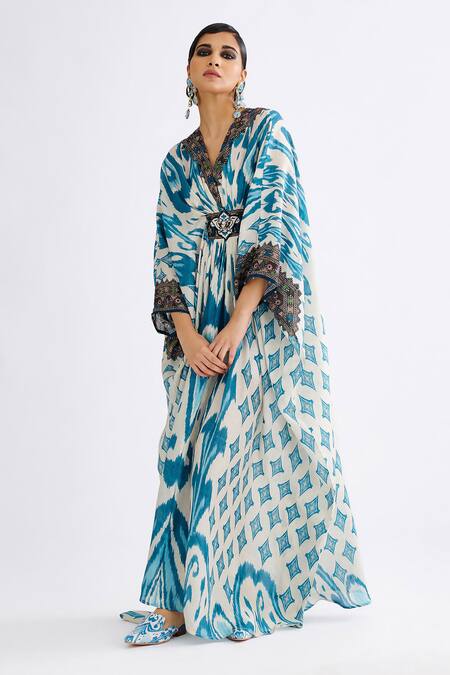 Buy_Rajdeep Ranawat_Blue Silk Crystals, Diamonds V-neck Imama Print Kaftan_Online_at_Aza_Fashions