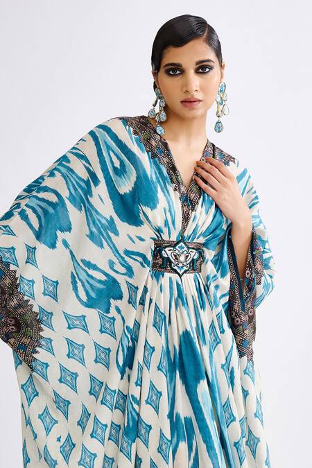 Shop_Rajdeep Ranawat_Blue Silk Crystals, Diamonds V-neck Imama Print Kaftan_Online_at_Aza_Fashions