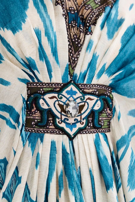 Rajdeep Ranawat_Blue Silk Crystals, Diamonds V-neck Imama Print Kaftan_at_Aza_Fashions
