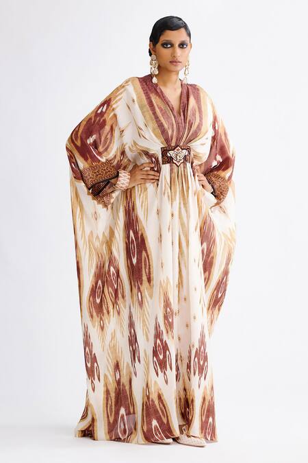 Buy Rajdeep Ranawat Brown Silk Diamonds, Crystals V-neck Imama Paisley Print Kaftan Online at Aza Fashions Buy_Rajdeep Ranawat_Brown Silk Diamonds, Crystals V-neck Imama Paisley Print Kaftan _Online_at_Aza_Fashions