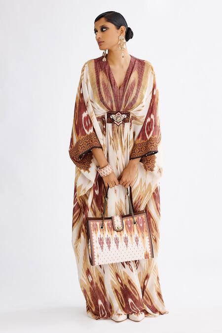 Rajdeep Ranawat Brown Silk Diamonds, Crystals V-neck Imama Paisley Print Kaftan at Aza Fashions Rajdeep Ranawat_Brown Silk Diamonds, Crystals V-neck Imama Paisley Print Kaftan _at_Aza_Fashions
