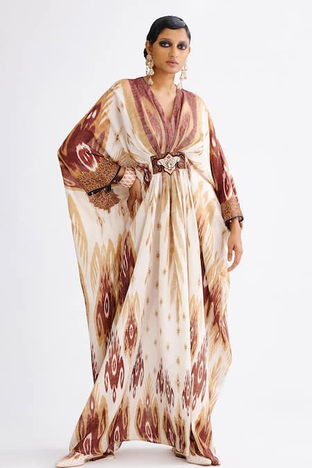Rajdeep Ranawat Brown Silk Diamonds, Crystals V-neck Imama Paisley Print Kaftan