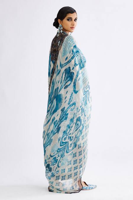 Buy_Rajdeep Ranawat_Blue Behroom Floral Print Stole_Online_at_Aza_Fashions
