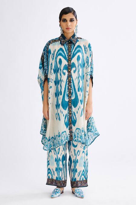 Rajdeep Ranawat_Blue Silk Collared Kamara Abstract Print Shirt Tunic_Online_at_Aza_Fashions