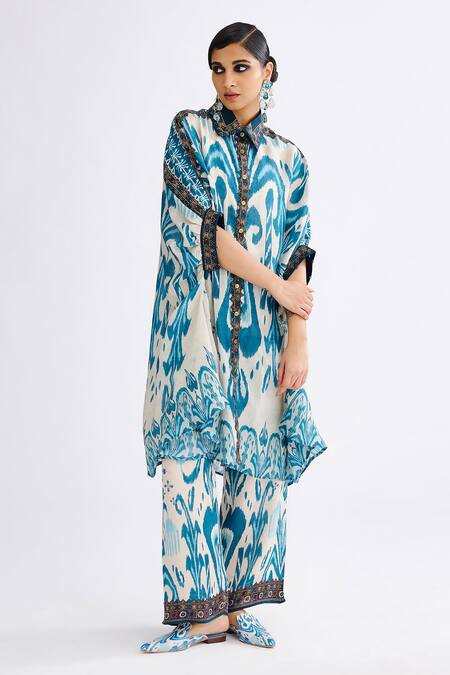 Buy_Rajdeep Ranawat_Blue Silk Collared Kamara Abstract Print Shirt Tunic_Online_at_Aza_Fashions