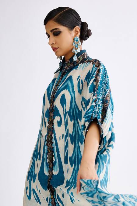 Rajdeep Ranawat_Blue Silk Collared Kamara Abstract Print Shirt Tunic_at_Aza_Fashions