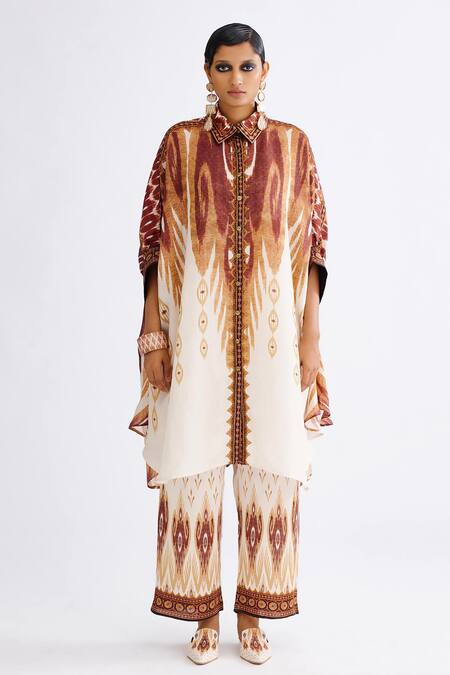 Rajdeep Ranawat_Brown Silk Collared Kamara Printed Shirt Tunic_Online_at_Aza_Fashions