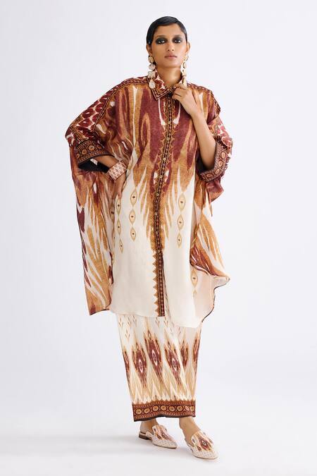 Buy_Rajdeep Ranawat_Brown Silk Collared Kamara Printed Shirt Tunic_Online_at_Aza_Fashions