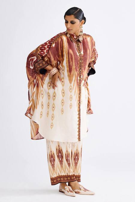 Shop_Rajdeep Ranawat_Brown Silk Collared Kamara Printed Shirt Tunic_Online_at_Aza_Fashions