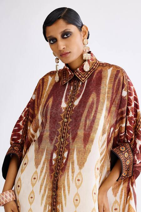 Rajdeep Ranawat_Brown Silk Collared Kamara Printed Shirt Tunic_at_Aza_Fashions
