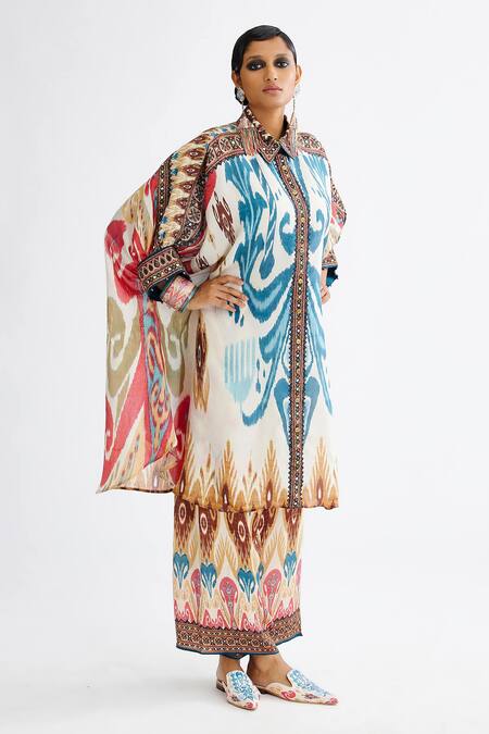 Shop_Rajdeep Ranawat_Multi Color Silk Collared Kamara Abstract Pattern Shirt Tunic_Online_at_Aza_Fashions