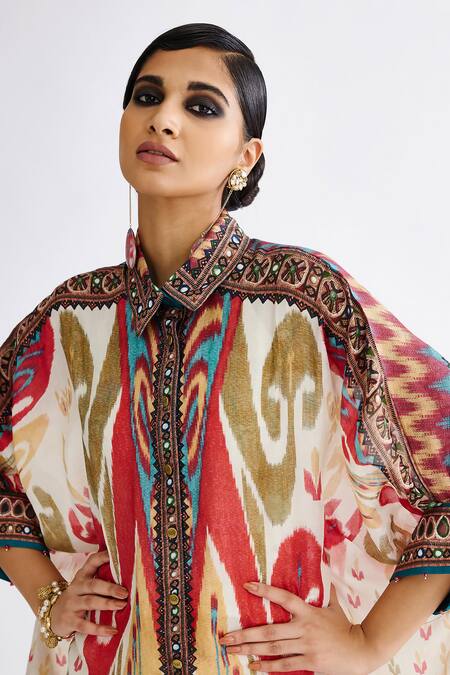 Rajdeep Ranawat Pink Silk Collared Kamara Abstract Print Tunic at Aza Fashions Rajdeep Ranawat_Pink Silk Collared Kamara Abstract Print Tunic_at_Aza_Fashions
