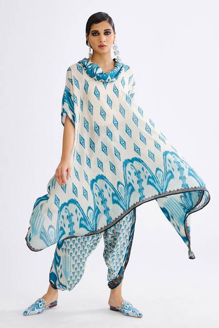 Shop_Rajdeep Ranawat_Blue Satin Sonth Abstract Print Dhoti Pant_Online_at_Aza_Fashions