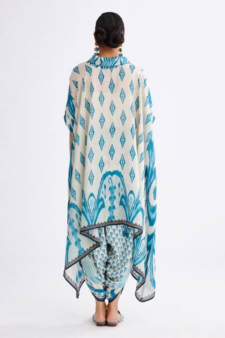 Shop_Rajdeep Ranawat_Blue Satin Sonth Abstract Print Dhoti Pant_at_Aza_Fashions