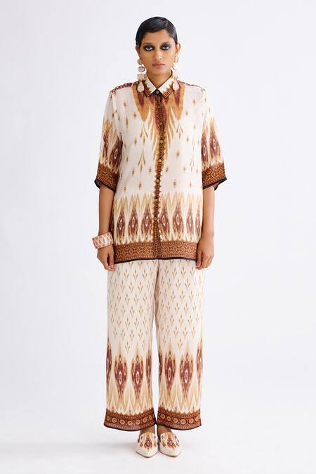 Rajdeep Ranawat_Brown Satin Permaz Abstract Pattern Pant_Online_at_Aza_Fashions