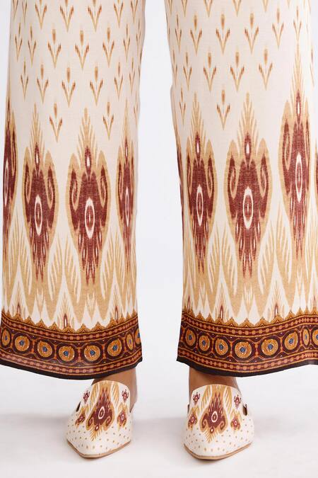 Shop_Rajdeep Ranawat_Brown Satin Permaz Abstract Pattern Pant_Online_at_Aza_Fashions
