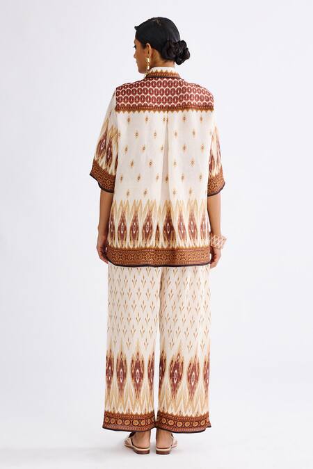 Shop_Rajdeep Ranawat_Brown Satin Permaz Abstract Pattern Pant_at_Aza_Fashions