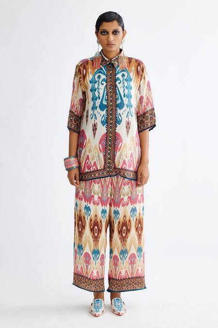 Rajdeep Ranawat_Multi Color Silk Collared Maizah Abstract Pattern Cropped Shirt Tunic_Online_at_Aza_Fashions