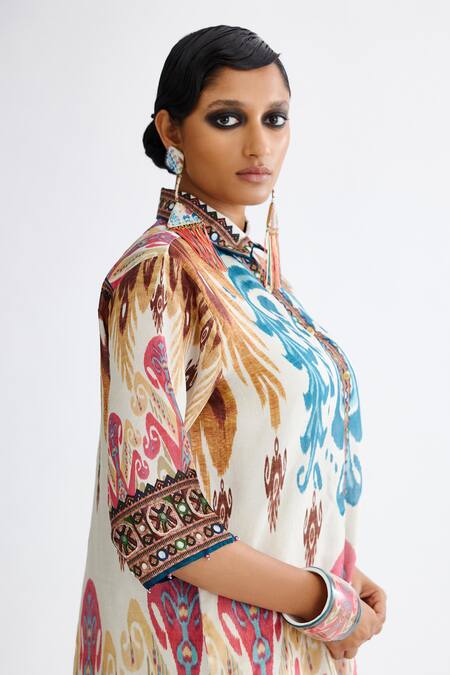 Shop_Rajdeep Ranawat_Multi Color Silk Collared Maizah Abstract Pattern Cropped Shirt Tunic_Online_at_Aza_Fashions