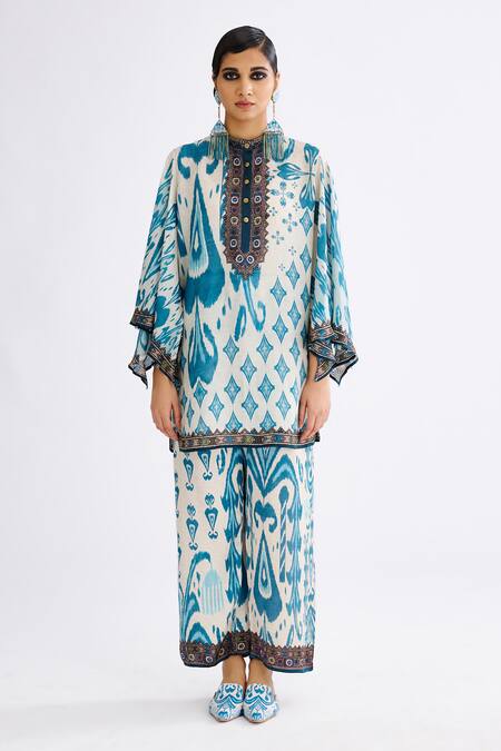 Rajdeep Ranawat Blue Silk Bandeau Neck Nylla Abstract Print Tunic Online at Aza Fashions Rajdeep Ranawat_Blue Silk Bandeau Neck Nylla Abstract Print Tunic_Online_at_Aza_Fashions