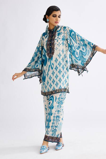 Shop Rajdeep Ranawat Blue Silk Bandeau Neck Nylla Abstract Print Tunic Online at Aza Fashions Shop_Rajdeep Ranawat_Blue Silk Bandeau Neck Nylla Abstract Print Tunic_Online_at_Aza_Fashions