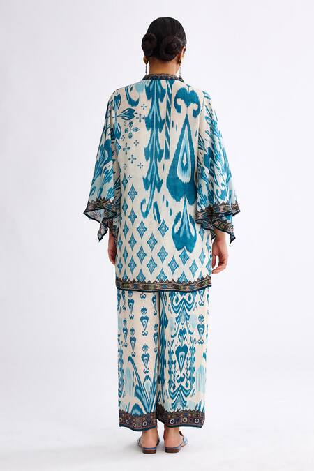 Shop Rajdeep Ranawat Blue Silk Bandeau Neck Nylla Abstract Print Tunic at Aza Fashions Shop_Rajdeep Ranawat_Blue Silk Bandeau Neck Nylla Abstract Print Tunic_at_Aza_Fashions