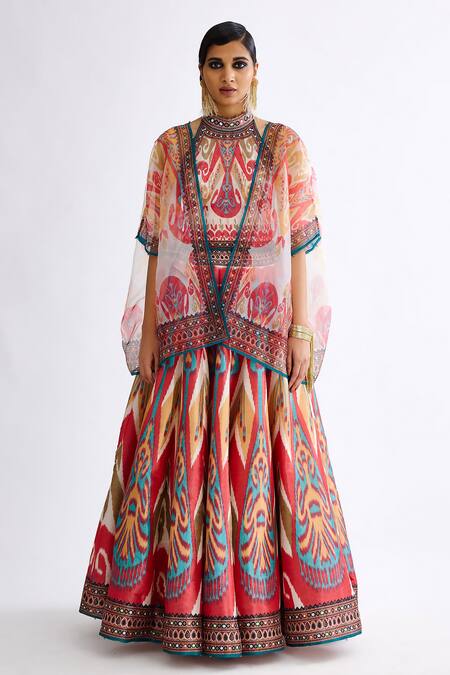 Buy Rajdeep Ranawat Pink Satin, Organza, Denim Mirrors, Leela Abstract Print Lehenga And Cape Set Online at Aza Fashions Buy_Rajdeep Ranawat_Pink Satin, Organza, Denim Mirrors, Leela Abstract Print Lehenga And Cape Set_Online_at_Aza_Fashions