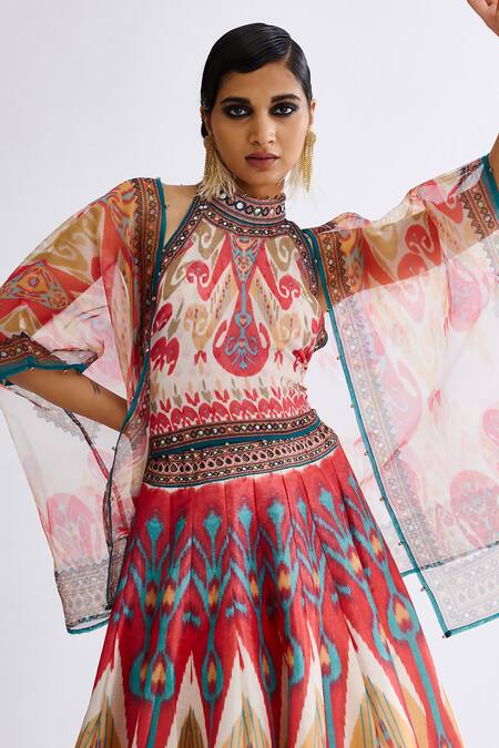 Shop Rajdeep Ranawat Pink Satin, Organza, Denim Mirrors, Leela Abstract Print Lehenga And Cape Set Online at Aza Fashions Shop_Rajdeep Ranawat_Pink Satin, Organza, Denim Mirrors, Leela Abstract Print Lehenga And Cape Set_Online_at_Aza_Fashions