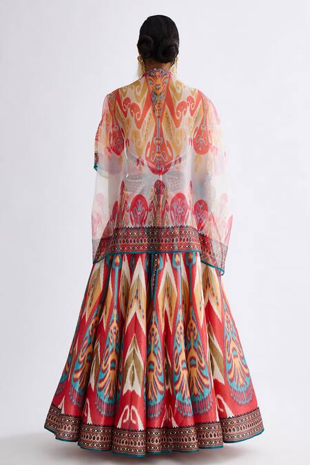 Rajdeep Ranawat Pink Satin, Organza, Denim Mirrors, Leela Abstract Print Lehenga And Cape Set at Aza Fashions Rajdeep Ranawat_Pink Satin, Organza, Denim Mirrors, Leela Abstract Print Lehenga And Cape Set_at_Aza_Fashions