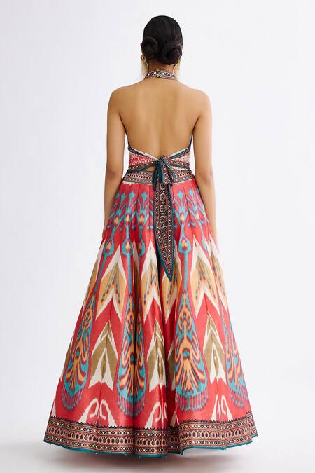 Shop Rajdeep Ranawat Pink Satin, Organza, Denim Mirrors, Leela Abstract Print Lehenga And Cape Set at Aza Fashions Shop_Rajdeep Ranawat_Pink Satin, Organza, Denim Mirrors, Leela Abstract Print Lehenga And Cape Set_at_Aza_Fashions