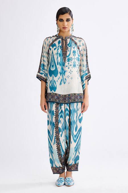 Rajdeep Ranawat_Blue Satin Ramona Abstract Print Turkish Pant_Online_at_Aza_Fashions