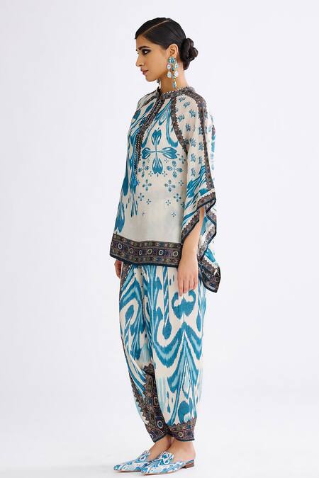 Buy_Rajdeep Ranawat_Blue Satin Ramona Abstract Print Turkish Pant_Online_at_Aza_Fashions